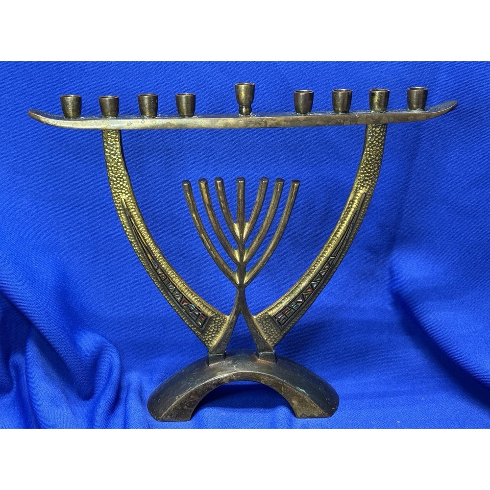 Vintage Solid Brass Menorah CHANUKKAH Enamel Inlay Made In Israel Hanukkah